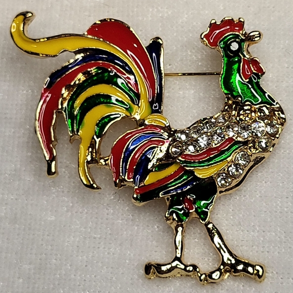 New Colorful Enamel Rhinestone Rooster Brooch / Pin - Picture 1 of 3